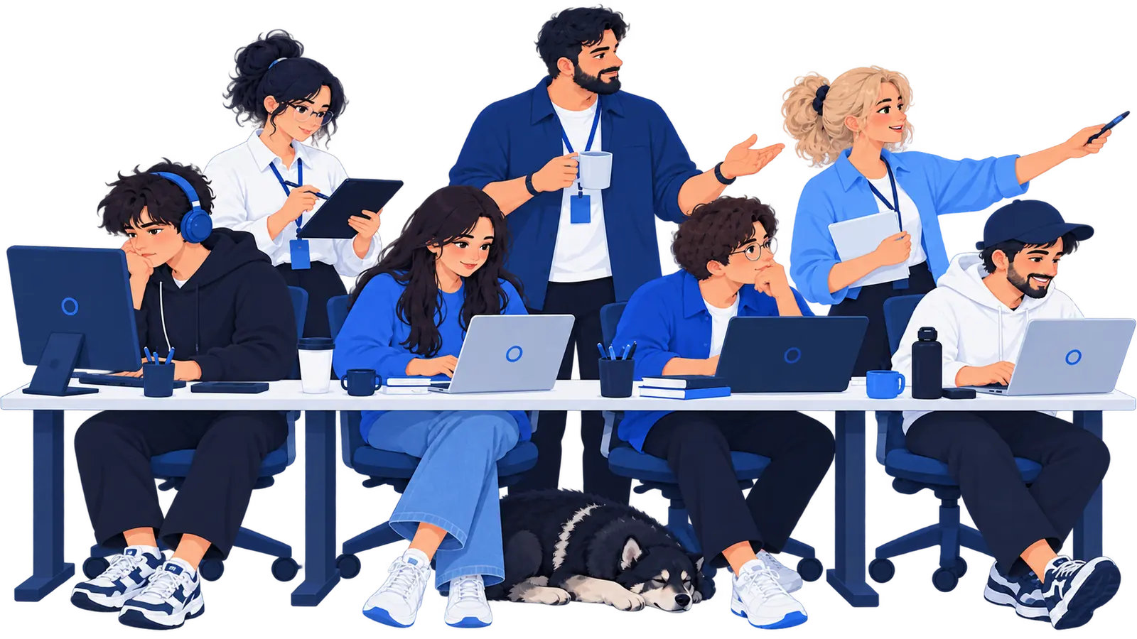 Illustration: seven people working at one long desk, with a husky asleep under it.